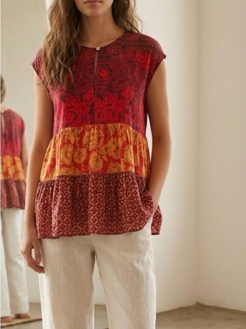 Free people Woven Tiered Cap-Sleeve layers Lagenlook S boho western light